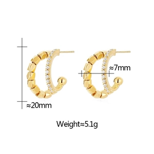 Detailed size view of gold double-layer C-shaped earrings with crystals and metal beads