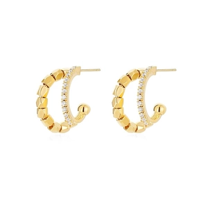 Double-layer geometric gold C-shaped hoop earrings with sparkling zircon inlay for women