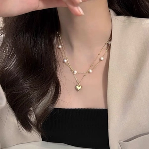 Double Layer Necklace With Natural Freshwater Pearl Heart Pendant Gold Plated Copper Clavicle Chain Elegant Women Jewelry