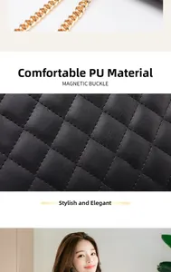 Détail du sac bandoulière en cuir PU noir matelassé avec chaîne dorée et boucle magnétique