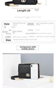 Guide des tailles sac matelassé noir avec dimensions 20x7x15cm et capacité détaillée