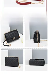 Détail du sac à bandoulière en cuir matelassé noir avec chaîne dorée et boucle métal