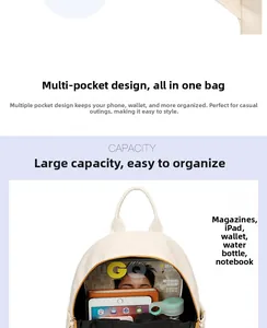 Detail view of large capacity oxford backpack with organized pockets for tablets and magazines