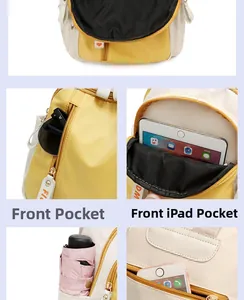 Detailed view of color-block Oxford backpack featuring multi-functional storage and iPad pocket