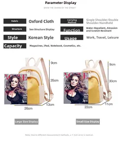 Detailed size comparison of Oxford cloth backpack with waterproof specs and dimensions
