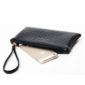 Elegant black crocodile pattern clutch bag with wrist strap and gold zipper closure