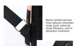 Detail of gold metal reinforced rings and stitching on black nylon backpack strap