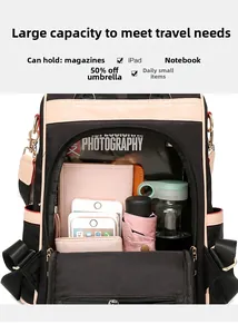 Internal view of the large capacity nylon backpack showing organized storage for iPad and books