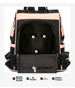 Detail view of large capacity nylon backpack interior with 4 functional pockets and compartments