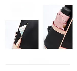 Detail of waterproof nylon backpack showing side pocket for umbrella and vertical zip pocket