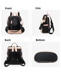 Detailed four-way view showing front, side, and back of the nylon backpack with pompom