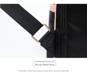 Detail of durable gold metal rings connecting pink straps to black oxford backpack