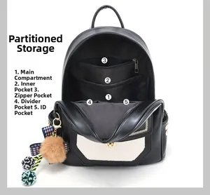 Détail de l'intérieur du sac à dos noir et blanc avec 5 compartiments de rangement