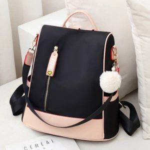 Fashion Backpack Women Large Capacity Waterproof Oxford Cloth Color Block Anti-Theft Travel Rucksack With Pom-Pom Charm