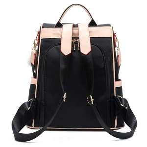 Black waterproof oxford backpack for women with pink leather straps and plush charm
