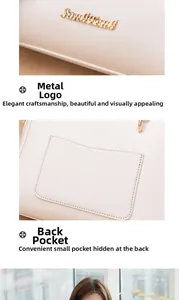 Close-up of golden SongFeng logo plate and flat back pocket on white faux leather handbag