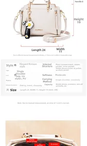 Size chart showing 24x11x19cm dimensions and internal pocket structure of the PU handbag