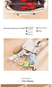 Interior view showing the large capacity and multiple compartments of the beige leather bag
