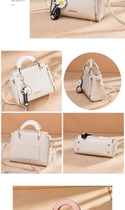 Multi-angle view of white faux leather handbag with daisy charm and metal studs