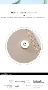 Detail of golden magnetic snap closure on beige crossbody bag with premium stitching