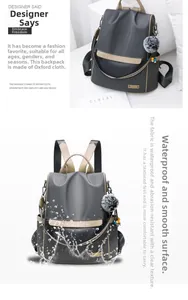 Waterproof Oxford fabric backpack with detachable pom-pom and side storage pockets