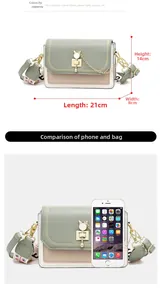 Size comparison of green flap crossbody bag next to a smartphone with dimensions