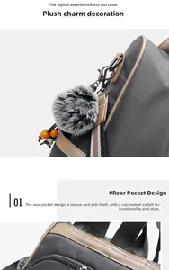 Detail of grey nylon backpack with plush charm and anti-theft rear zipper pocket