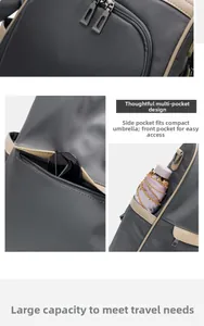 Detail view of multi-pocket oxford cloth backpack showing side umbrella and sunglass storage