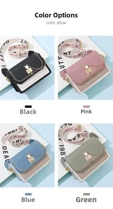 Four colors of women's crossbody bags in black, pink, blue, and green with chain detail