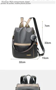Detail view of large grey Oxford backpack with striped strap and internal pocket layout