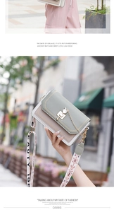 Detail of color-block crossbody bag featuring golden cat clasp and wide logo strap