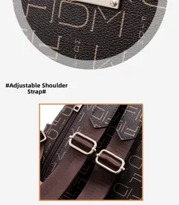 Detailed view of adjustable brown woven shoulder strap and metal buckle on leather backpack