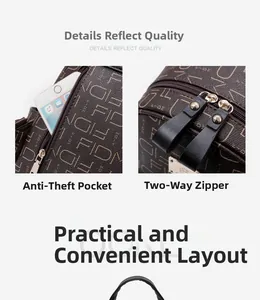 Detail view of anti-theft back pocket and smooth metal zipper on monogram backpack