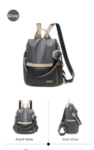 Macro detail of gray Oxford cloth backpack with plush charm and side view perspective