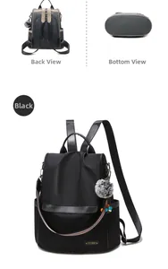 Detail view of black oxford backpack showing anti-theft back zipper and sturdy leather base