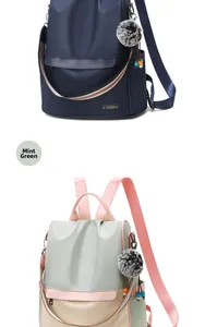 Detail view of anti-theft oxford backpack in dark blue and fruit green colorways