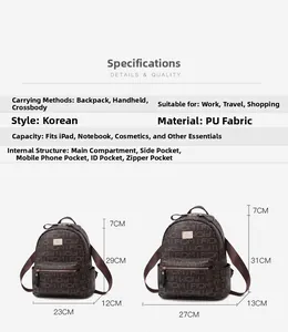 Detailed size guide for fashionable PU leather backpack with FIDM monogram print patterns