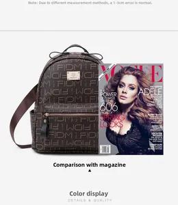 Large brown monogram backpack shown next to a VOGUE magazine for size comparison