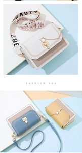 Detail of trendy crossbody flap bag with pearl cat ears hardware and wide woven strap