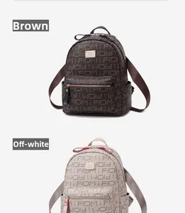 Front view of printed backpacks in brown and beige colors with letter patterns
