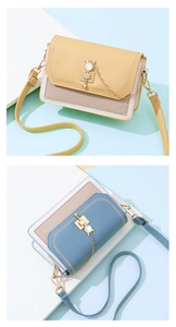 Detail of crossbody bag featuring cat-shaped pearl twist lock and V-stitch pattern