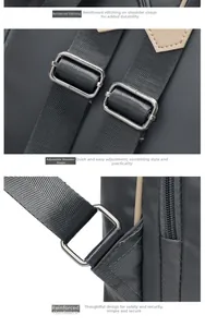 Detail of reinforced stitching and adjustable silver hardware on grey oxford backpack