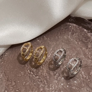 Detailed close-up of gold and silver hoop earrings with pavé stones and pig nose design