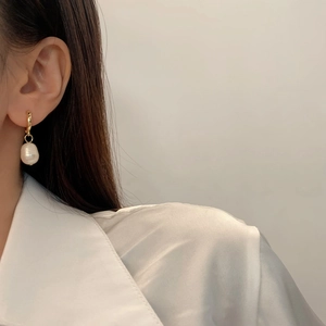 French vintage freshwater pearl hoop earrings with 14k gold plated metal for women
