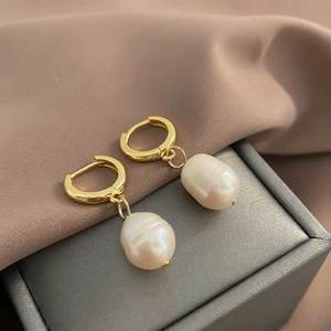 French Vintage Freshwater Pearl Pendant Hoop Earrings Copper Real Gold Plated Elegant Luxury Jewelry For Women