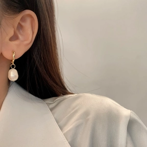 French vintage freshwater pearl hoop earrings with elegant baroque style gold finish