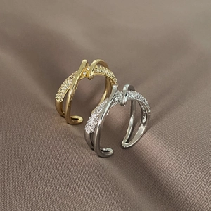 Cross Wrapped Micro Set Zircon Copper Ring For Women Adjustable Open Finger Jewelry Simple Chic Style Gold Silver Color