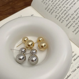 Geometric Double Metal Ball Stud Earrings For Women Copper Real Gold Plated High Polish Mirror Finish Gourd Shape Minimalist Jewelry
