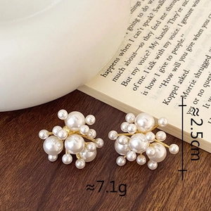 Detailed view of cluster pearl earrings with gold plating, 2.5cm size and 7.1g weight