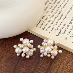Elegant Firework Cluster Stud Earrings Multi Size Simulated Artificial Pearls Copper Plated Gold Unique Fashion For Women